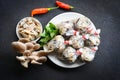 Fresh grey oyster mushroom on plate, cooked oyster mushroom for cooking food - processed food street mushroom package