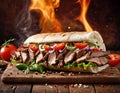 fresh grilled beef in Turkish style or with Arabic chicken, shawarma, doner sandwich with delicious ingredients and Royalty Free Stock Photo