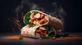 fresh grilled chicken wrap roll with flying ingradients and spices hot ready to serve