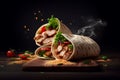 fresh grilled chicken wrap roll with flying ingradients and spices hot ready to serve and eat with copyspace area,Generative AI