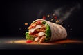 fresh grilled chicken wrap roll with flying ingradients and spices hot ready to serve and eat with copyspace area,Generative AI