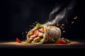 fresh grilled chicken wrap roll with flying ingradients and spices hot ready to serve and eat with copyspace area,Generative AI