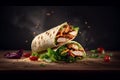 fresh grilled chicken wrap roll with flying ingradients and spices hot ready to serve and eat with copyspace area,Generative AI