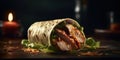 Fresh grilled chicken wrap roll with flying ingradients and spices hot ready to serve and eat with copyspace area. Generative AI