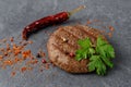 Fresh grilled beef cutlet of minced meat as ingredient for burger or sandwich or dinner dish closeu