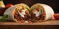 fresh grilled donner or shawarma beef wrap roll hot ready to serve and eat as dark background