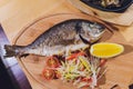 Fresh Grilled Dorado with Lemon and Cherry Tomatoes. Whole Bbq Sea Bream Fish Top View and Flat Lay. Sparus Aurata.