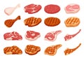 Fresh and grilled meat. Cartoon fried steak with grill marks. Chicken, pork, beef, burger patty. Raw, cooked and roasted