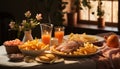 Fresh grilled meat and fries on a rustic outdoor table generated by AI Royalty Free Stock Photo