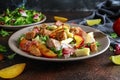 Fresh grilled peach salad with green mix, cheese, prosciutto and crouton