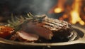 Fresh grilled roasted meat. Close up grill beef steak on wooden cutting board, barbecue