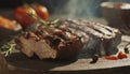Fresh grilled roasted meat. Close up grill beef steak on wooden cutting board, barbecue