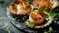 Fresh grilled scallops on shells with sea salt crystals and greens. Dark background. Top view. Generative AI Royalty Free Stock Photo