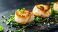 Fresh grilled scallops on shells with sea salt crystals and greens. Dark background. Top view. Generative AI Royalty Free Stock Photo