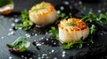 Fresh grilled scallops on shells with sea salt crystals and greens. Dark background. Top view. Generative AI Royalty Free Stock Photo