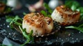 Fresh grilled scallops on shells with sea salt crystals and greens. Dark background. Top view. Generative AI Royalty Free Stock Photo