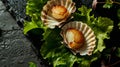 Fresh grilled scallops on shells with sea salt crystals and greens. Dark background. Top view. Generative AI Royalty Free Stock Photo