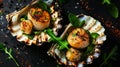 Fresh grilled scallops on shells with sea salt crystals and greens. Dark background. Top view. Generative AI Royalty Free Stock Photo