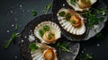 Fresh grilled scallops on shells with sea salt crystals and greens. Dark background. Top view. Generative AI Royalty Free Stock Photo