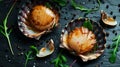 Fresh grilled scallops on shells with sea salt crystals and greens. Dark background. Top view. Generative AI Royalty Free Stock Photo