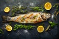 Fresh Grilled Sea Bass Fish on Dark Slate Background with Lemon, Herbs, and Spices Gourmet Seafood Concept