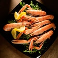 Fresh grilled shrimps served on a plate with arugula or rocket and llemon Royalty Free Stock Photo