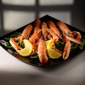 Fresh grilled shrimps served on a plate with arugula or rocket and llemon