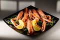 Fresh grilled shrimps served on a plate with arugula or rocket and llemon