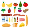 Fresh grocery set. Milk, vegetables, cheese, sausages, wine, fruits, juice, bread, olia Vector illustration, flat design