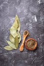 Fresh, ground and dried bay leaf Royalty Free Stock Photo