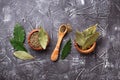 Fresh, ground and dried bay leaf Royalty Free Stock Photo