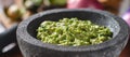 Fresh guacamole in stone molcajete Royalty Free Stock Photo