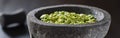 Fresh guacamole in stone molcajete panoramic composition Royalty Free Stock Photo