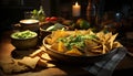 Fresh guacamole on a wooden plate, a Mexican culture appetizer generated by AI