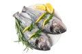 Fresh gutted fish dorado and ingredients for cooking, lemon, pepper and rosemary isolated on white background. top view