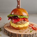 Fresh Halal Burger with Mutton and Hummus. Kosher Homemade Round Sandwich with Meat, Vegetables, Greens, Paprika, Lettuce Salad. L Royalty Free Stock Photo