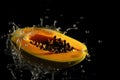 Fresh half papaya and splashes of water on a black background. AI generative