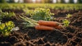 Fresh harvest of carrots on the ground in a vegetable garden, on a farm. Permaculture. Organic vegetables. Healthy Royalty Free Stock Photo