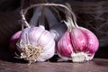 Fresh harvest garlic wicker basket and a coil of rope