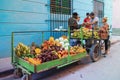 Fresh harvested fruit and vegetable to sell. Vendor selling bananas, tomatos, onions pumpkins, cabbage in street of Habana, Cuba. Royalty Free Stock Photo