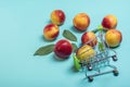 Fresh harvested nectarines, plate, leaves lies round on pink background Vegetables vitamin Keratin Natural Peach Organic Royalty Free Stock Photo