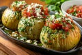 Fresh Hasselback Potatoes Topped with Tomato, Herbs, and Feta Cheese Served on Black Tray Royalty Free Stock Photo