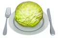 Fresh headed cabbage on plate with fork and knife, 3D rendering