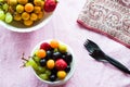 Fresh and healthy bowl of fruit salad, perfect for summer breakfast. Berries and grapes,top view. Royalty Free Stock Photo