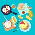 Fresh healthy breakfast food and drinks top view isolated on blue backgraund