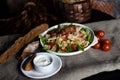 Fresh healthy caesar salad cooking on wooden table. Top view Royalty Free Stock Photo