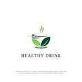 Fresh Healthy drink logo design vector, cup with leaf and smoke flat design template