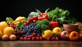 Fresh, healthy food tomato, strawberry, orange, raspberry, apple, lemon, carrot, broccoli, bell pepper generated by AI