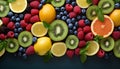 Fresh, healthy fruit salad kiwi, raspberry, orange, strawberry, blueberry, grape generated by AI Royalty Free Stock Photo