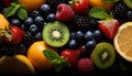 Fresh, healthy fruit salad raspberry, strawberry, blueberry, orange, kiwi generated by AI Royalty Free Stock Photo